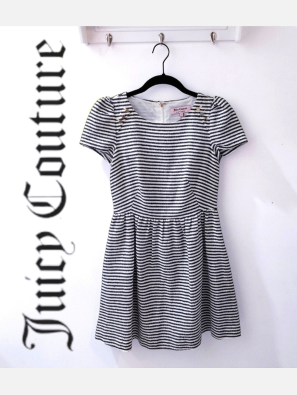 JUICY COUTURE Babydoll Dress Pockets Sz 0 Black/Off White Striped